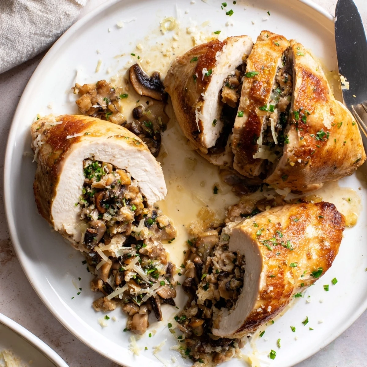 Freshly baked Flavorful Mushroom Stuffed Chicken Breast garnished with herbs beside a glass of white wine.