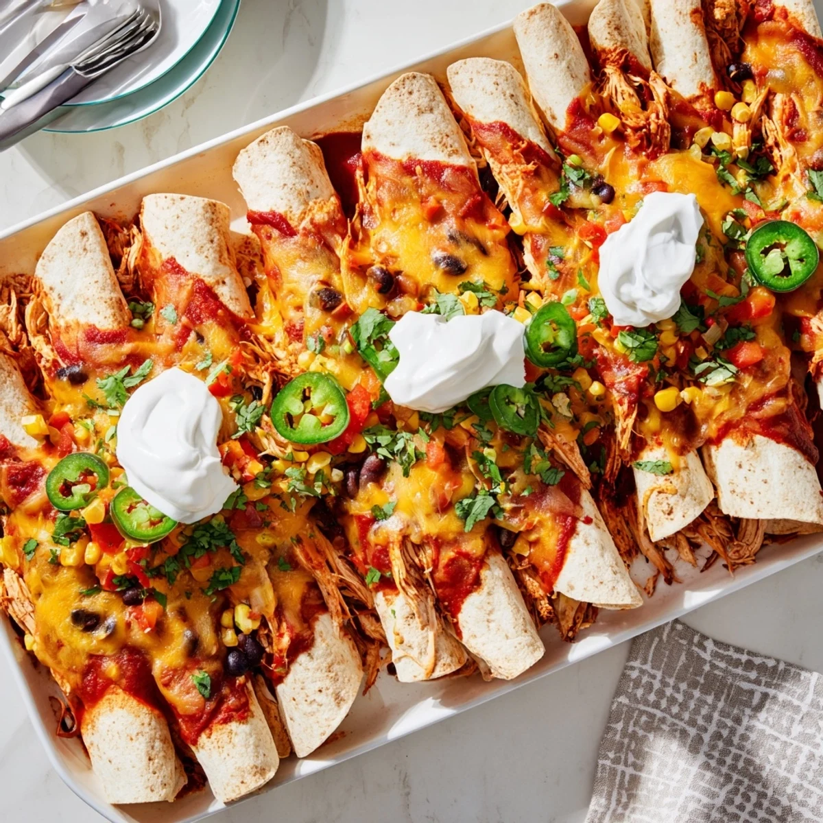 Freshly baked Chicken Enchiladas garnished with cilantro and jalapeños, accompanied by sour cream for dipping.