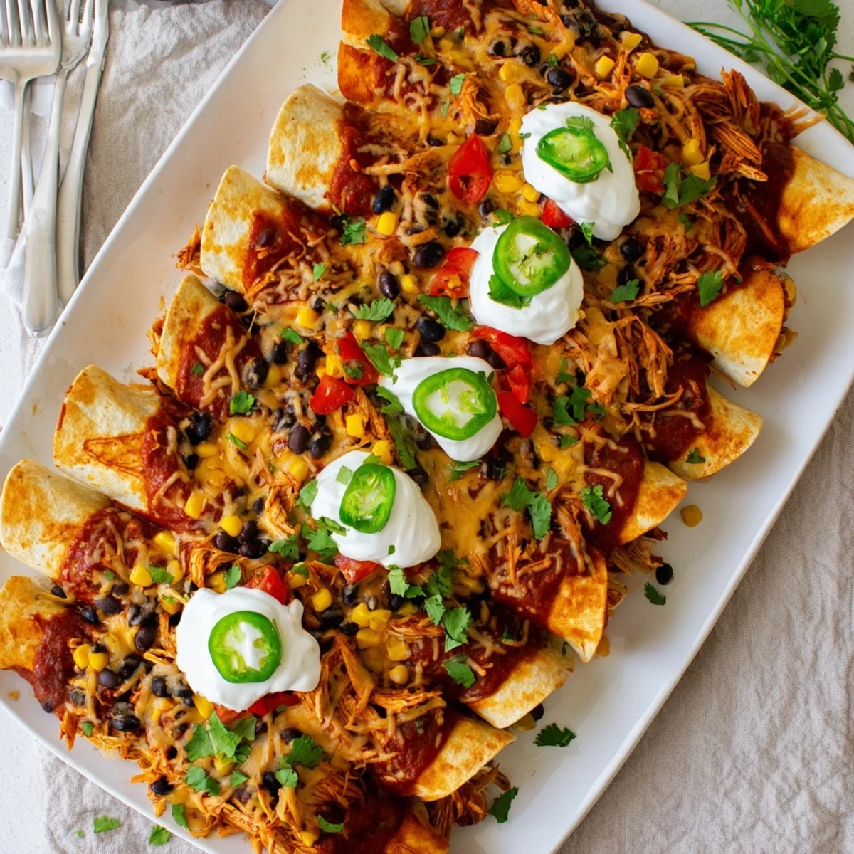 Tender shredded chicken inside soft tortillas, smothered in red sauce and cheese, ready to serve.