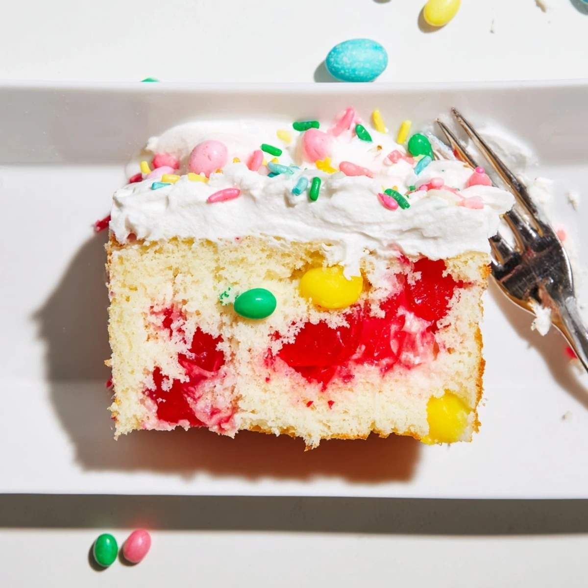 Festive Easter poke cake with colorful gelatin spots and fluffy whipped cream topping