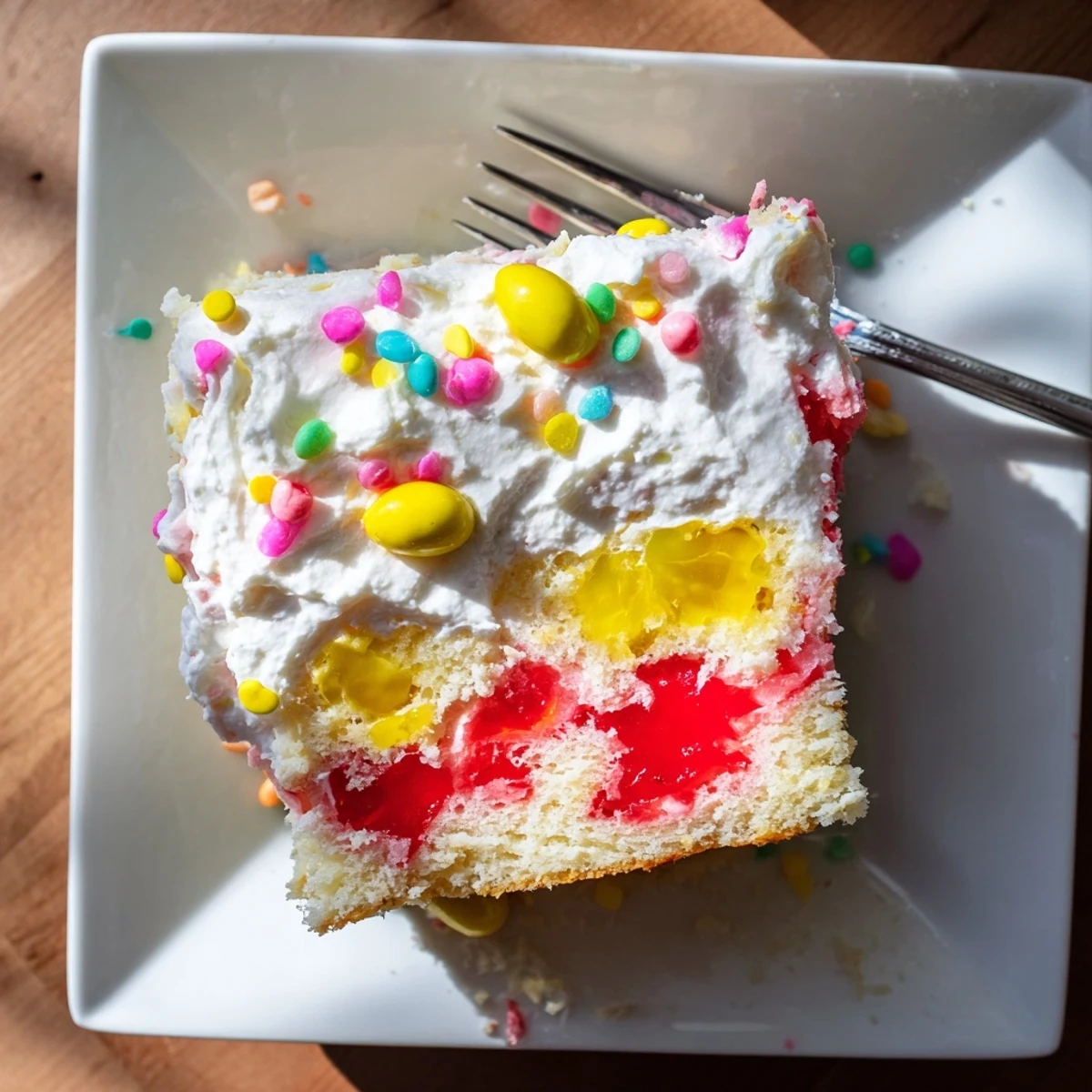 Spring dessert slice showing moist cake layers infused with strawberry and lemon gelatin