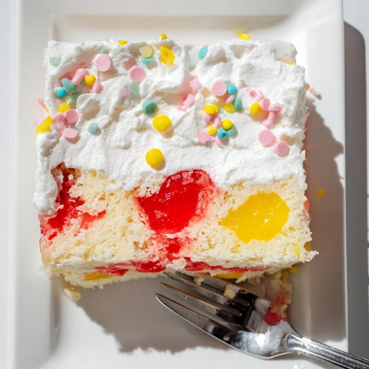 Colorful vanilla Easter poke cake decorated with pastel sprinkles on white whipped cream