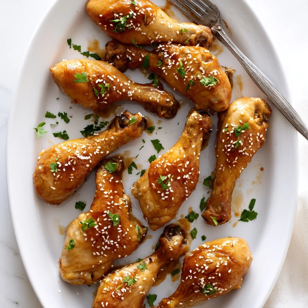 Golden honey garlic baked chicken drumsticks with sticky caramelized glaze and sesame seed garnish