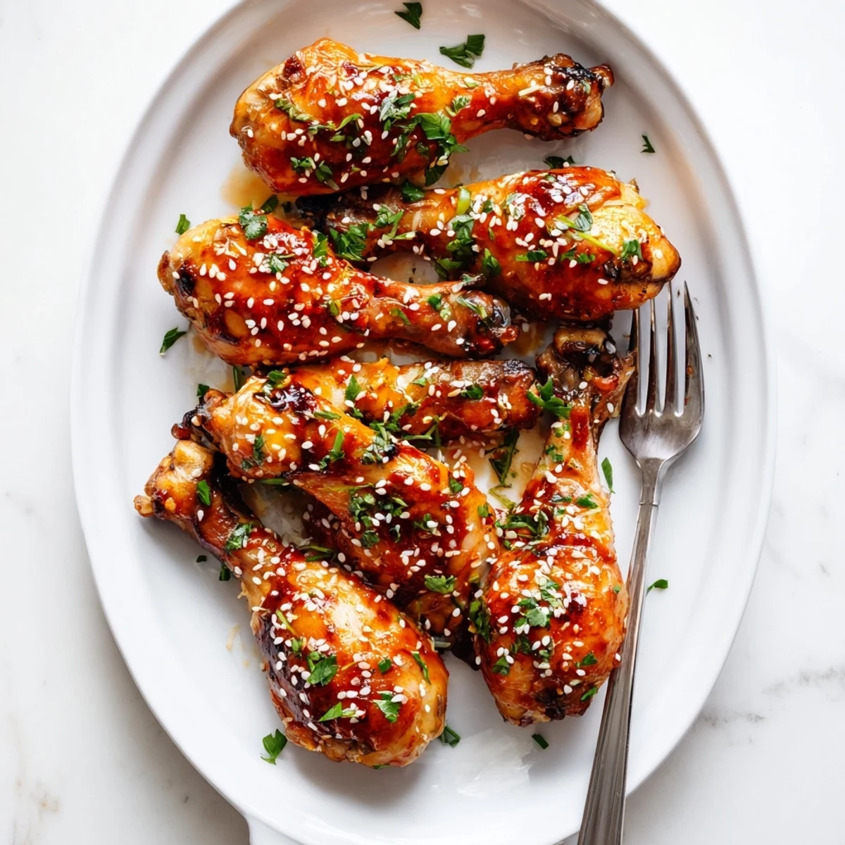 Oven-baked chicken drumsticks brushed with sweet honey garlic glaze, garnished with fresh green onions