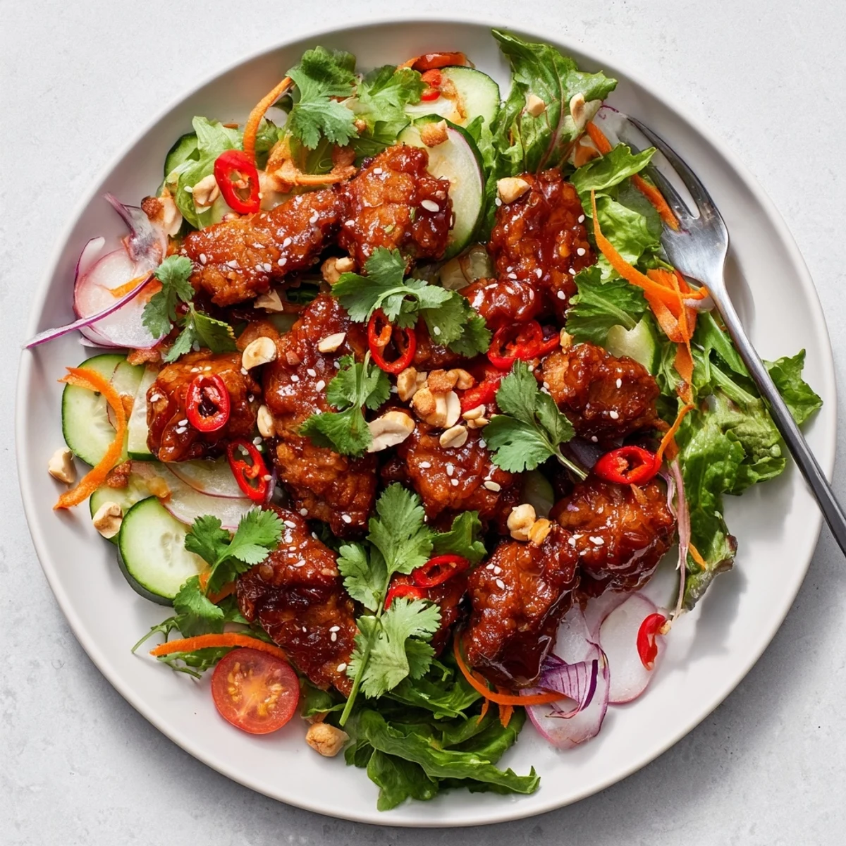 Golden crispy sweet and sour pork belly salad with fresh vegetables and tangy glaze