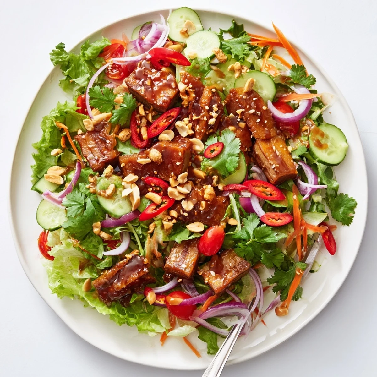 Vibrant salad bowl featuring crunchy glazed pork belly over colorful mixed greens and herbs
