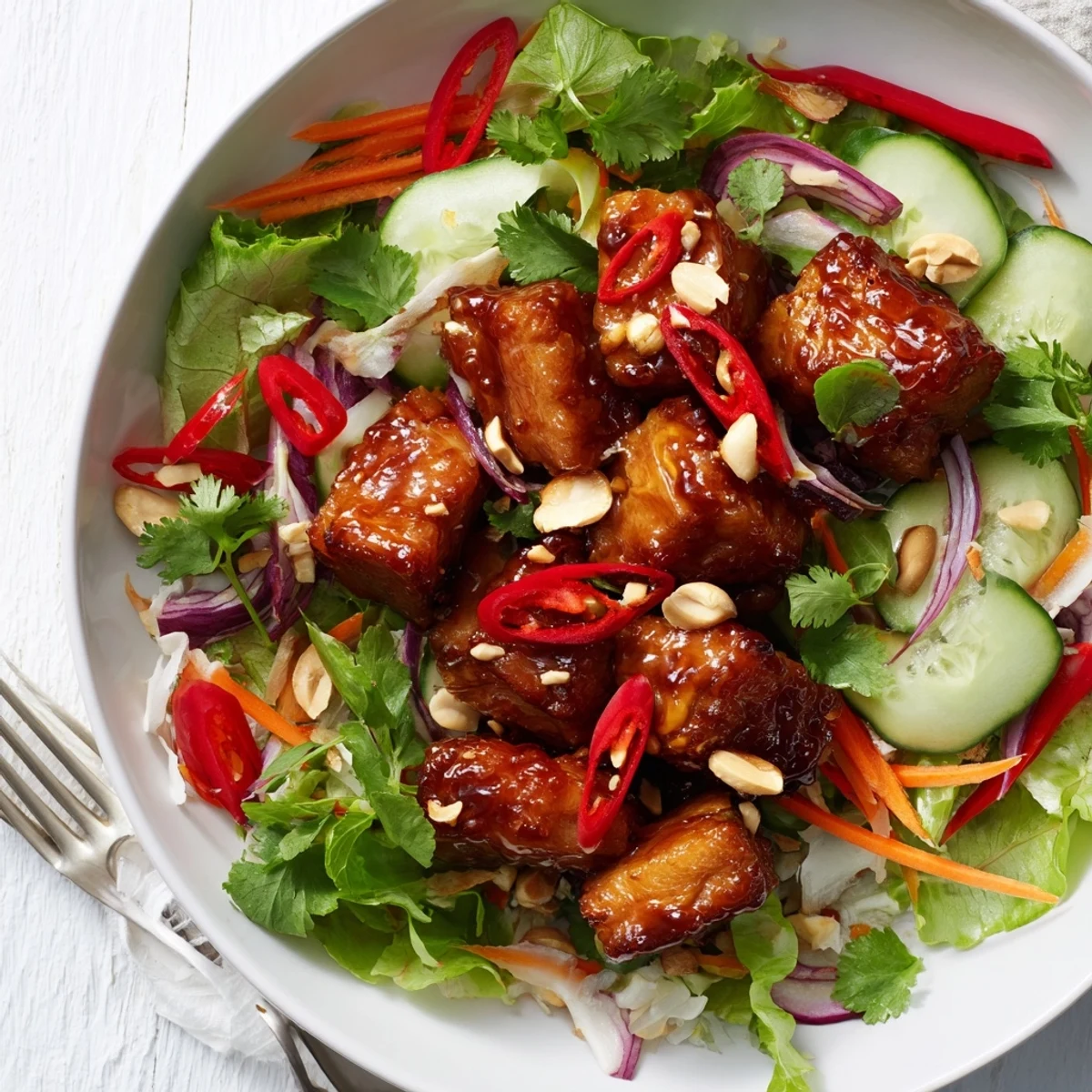 Plate of sweet and sour pork belly salad topped with roasted peanuts and sesame seeds