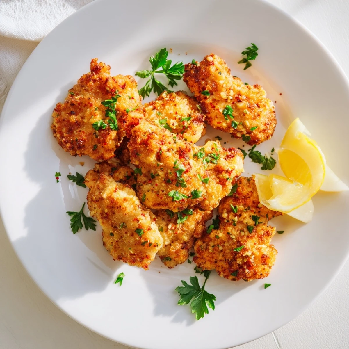 Golden air fryer lemon chicken bites garnished with fresh parsley and lemon wedges on a white serving plate