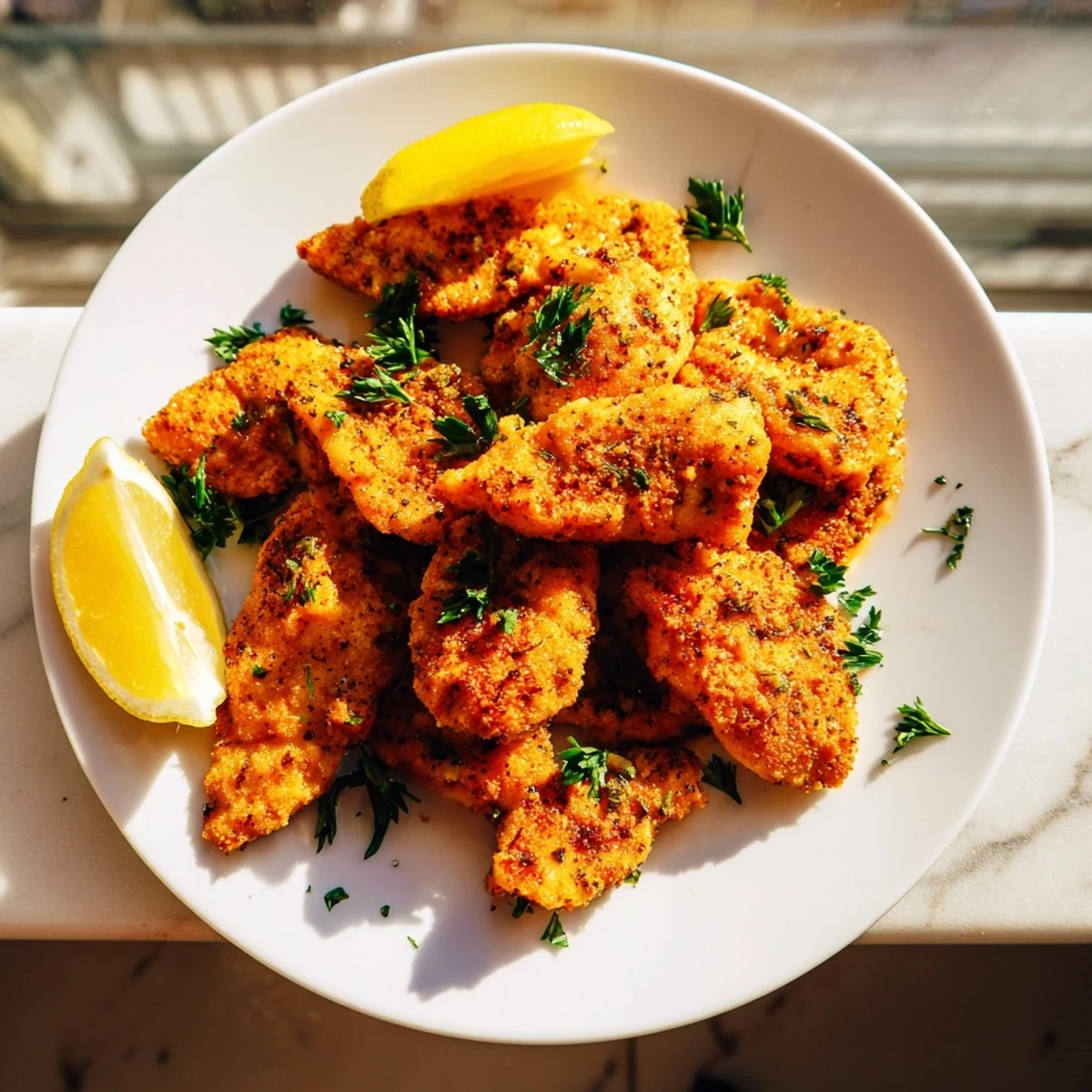 Crispy golden lemon chicken bites arranged on a plate with vibrant green parsley sprinkles and fresh lemon
