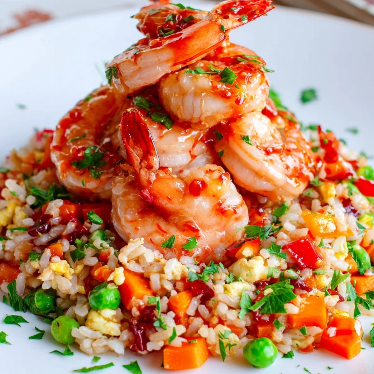 Golden garlic prawns atop colorful sweet chilli fried rice with vibrant vegetables and fresh parsley garnish