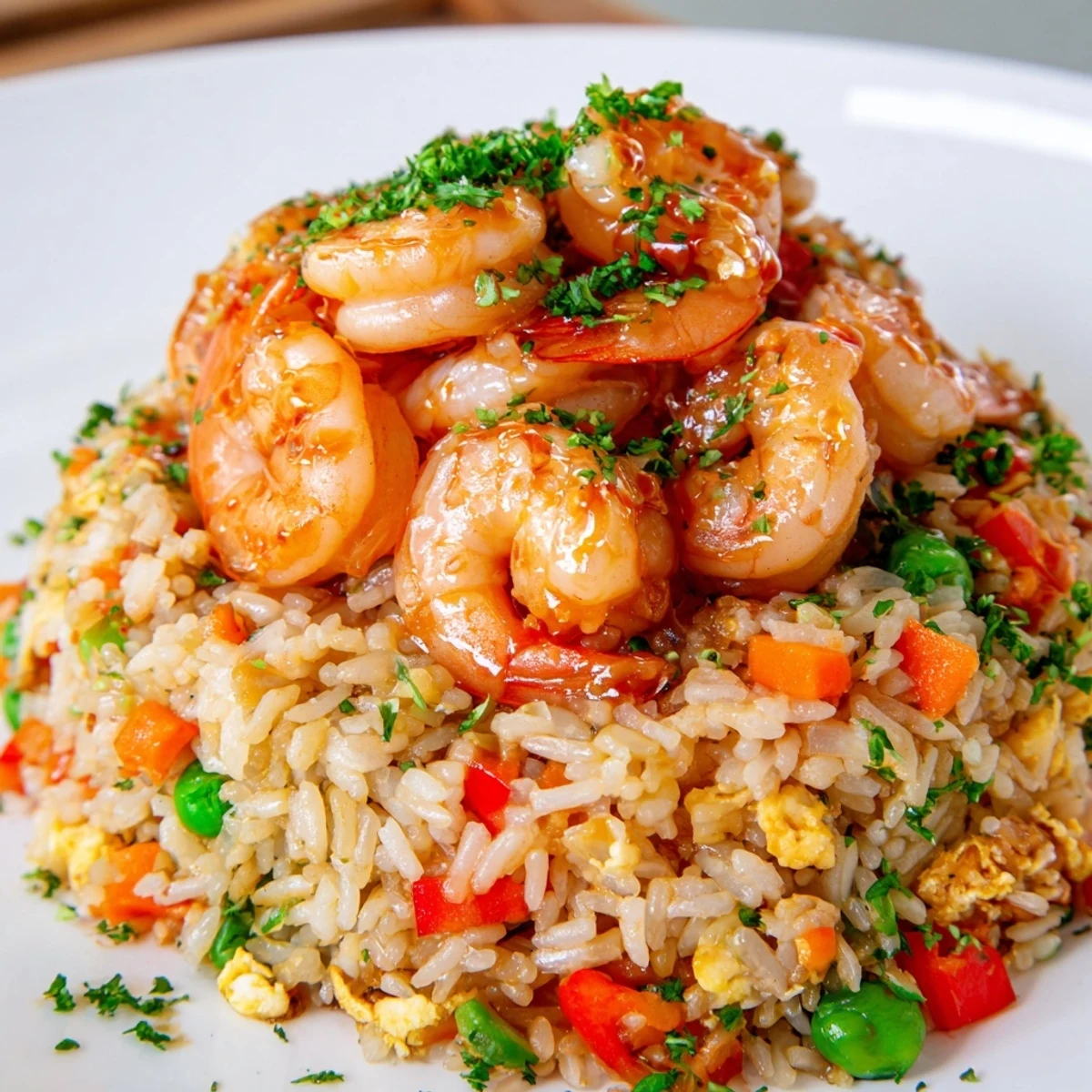 Savory Asian fusion dish featuring juicy prawns served over sweet chilli fried rice with scrambled eggs and diced vegetables