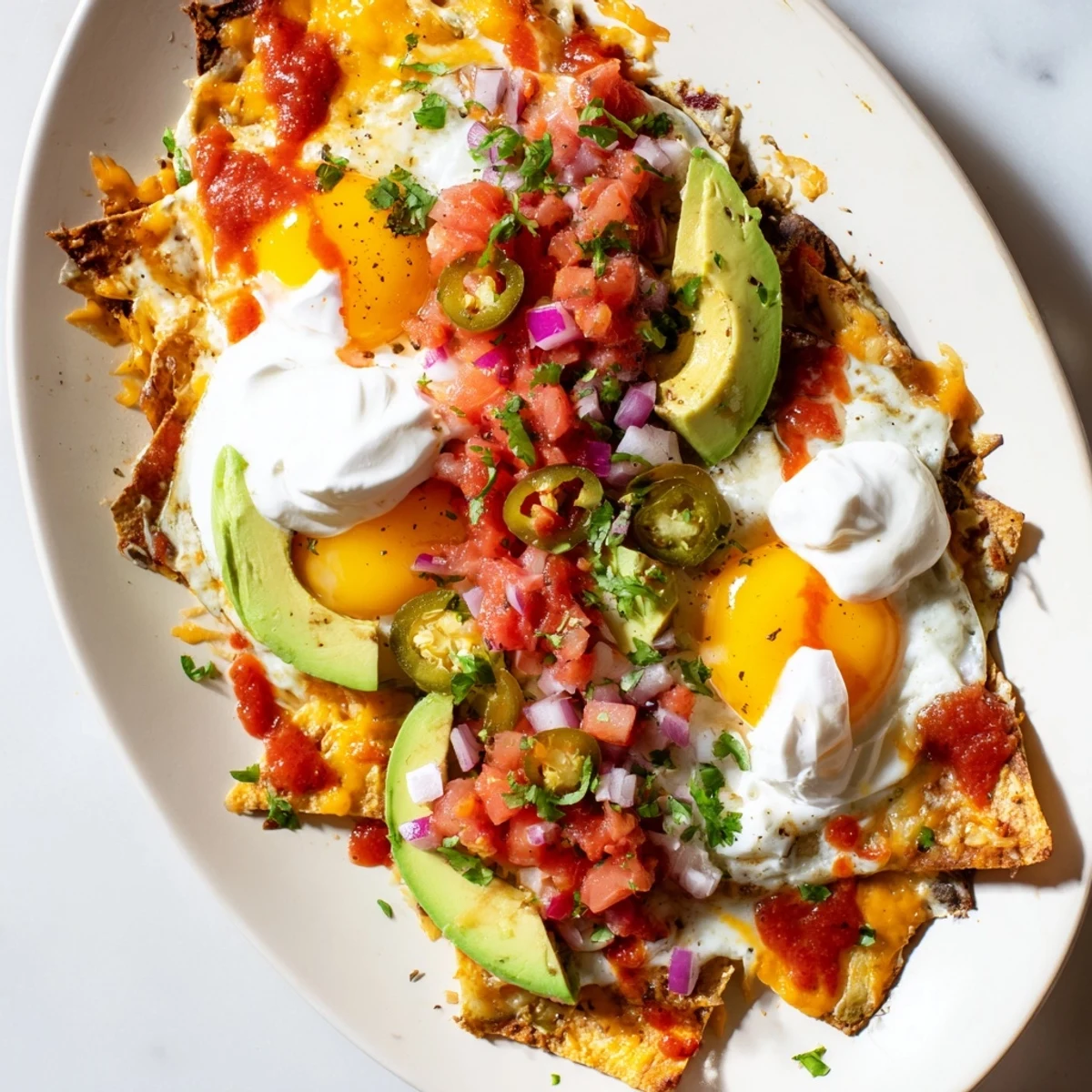 Crispy tortilla chips loaded with melted cheese and fried eggs create this hearty Mexican egg nachos platter