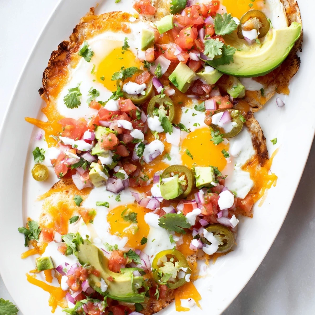 Golden sunny-side up eggs rest atop cheesy Mexican egg nachos with fresh avocado and cilantro garnish