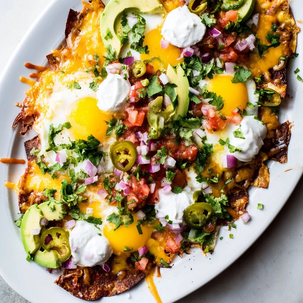 Vibrant breakfast spread of Mexican egg nachos featuring runny yolks, diced tomatoes, and dollops of sour cream