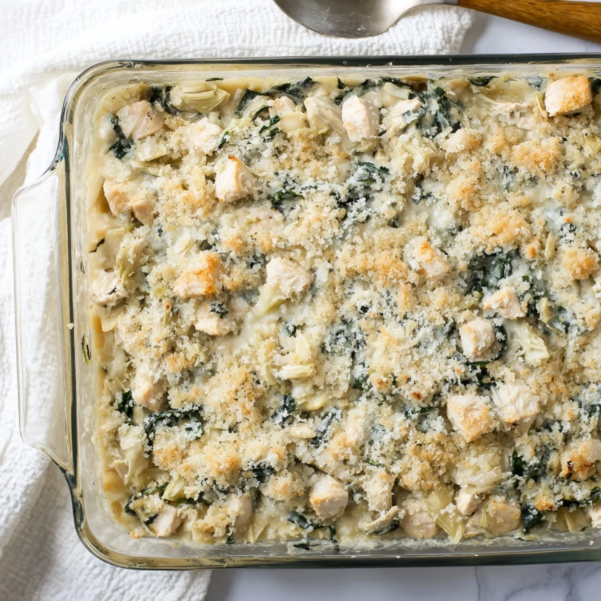 Creamy baked chicken casserole featuring spinach, artichokes, and golden panko parmesan crust