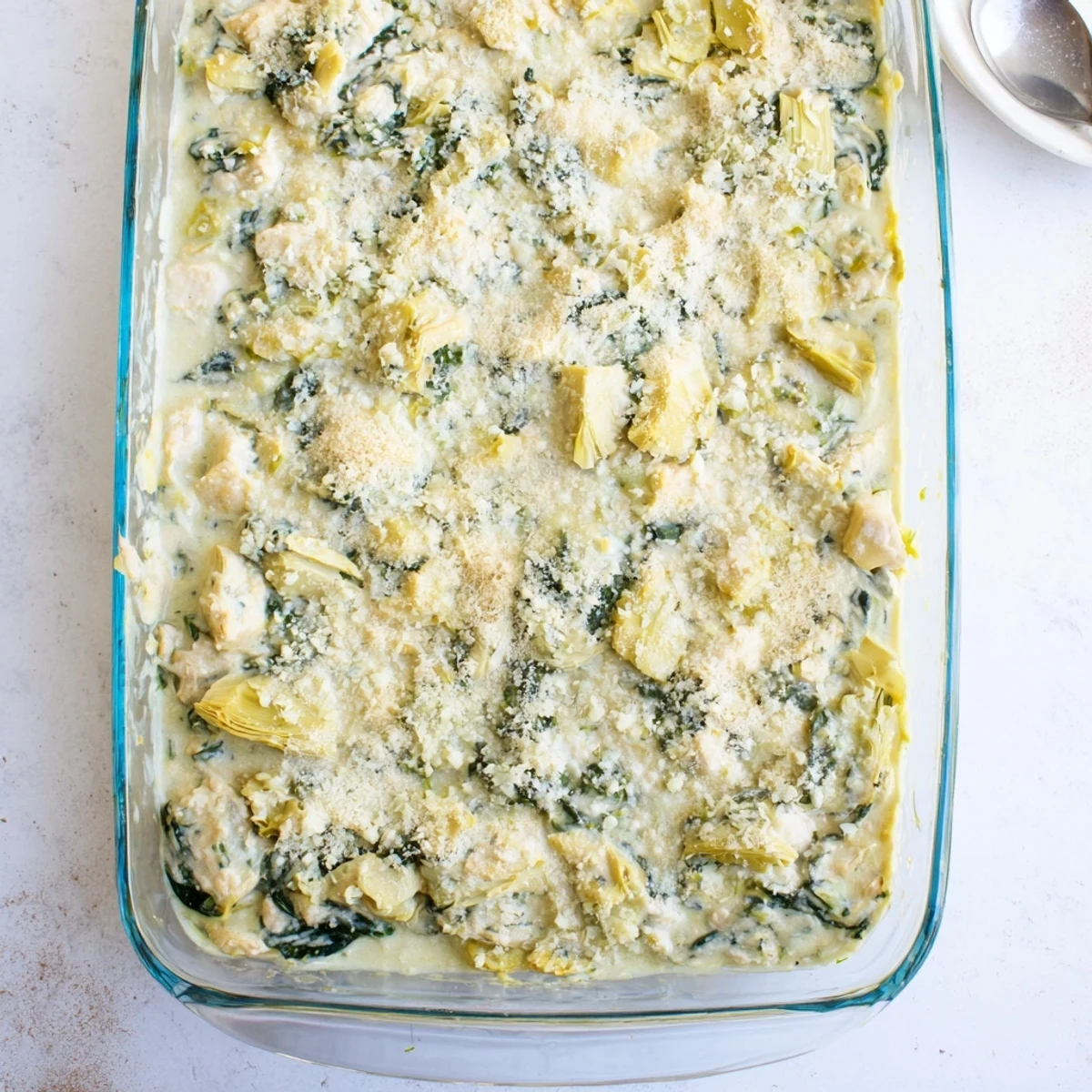 Hearty spinach artichoke chicken casserole fresh from oven with melted mozzarella cheese