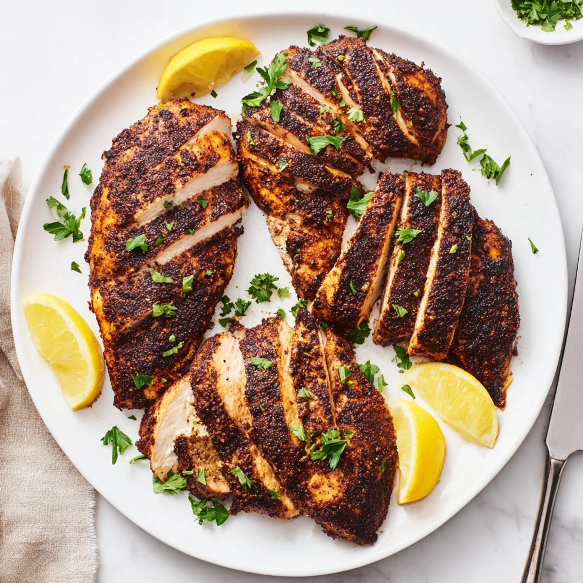 Golden brown blackened chicken breasts with dark spicy crust resting on a white plate