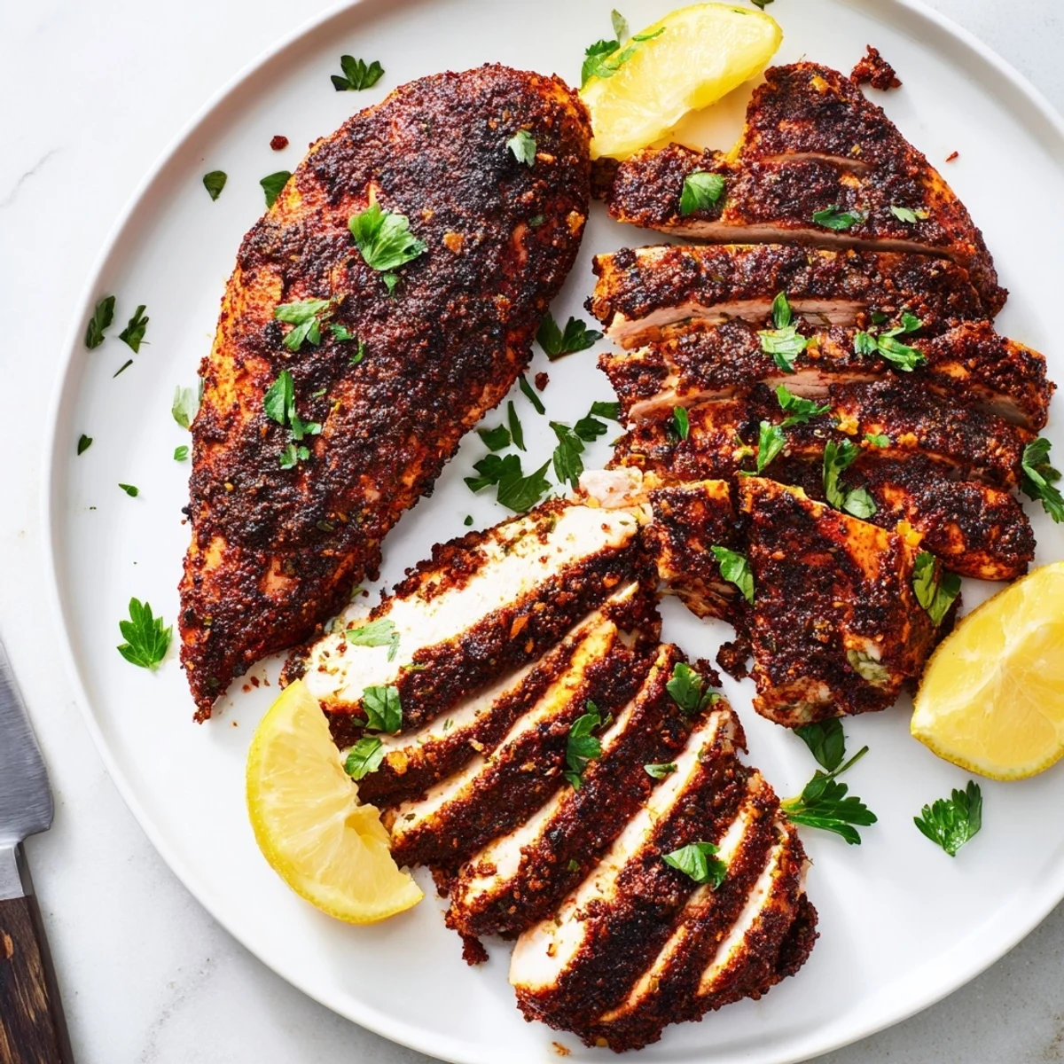 Juicy blackened chicken sliced to reveal tender white meat with generous Cajun spice coating