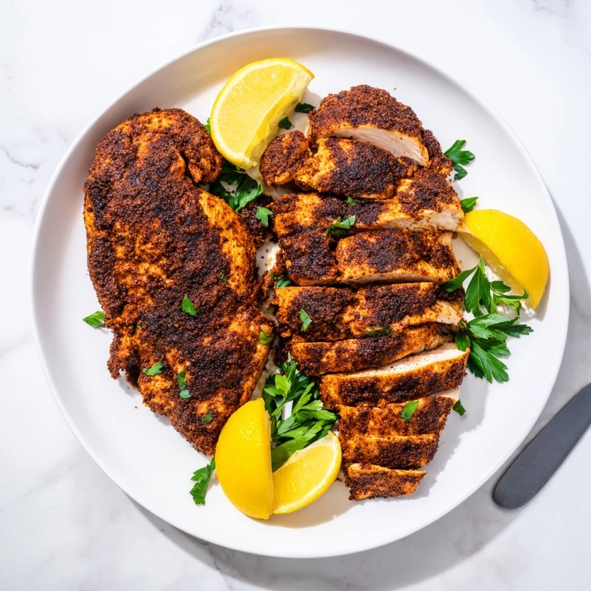 Hot cast iron skillet sizzling with perfectly seasoned blackened chicken pieces and fresh parsley garnish