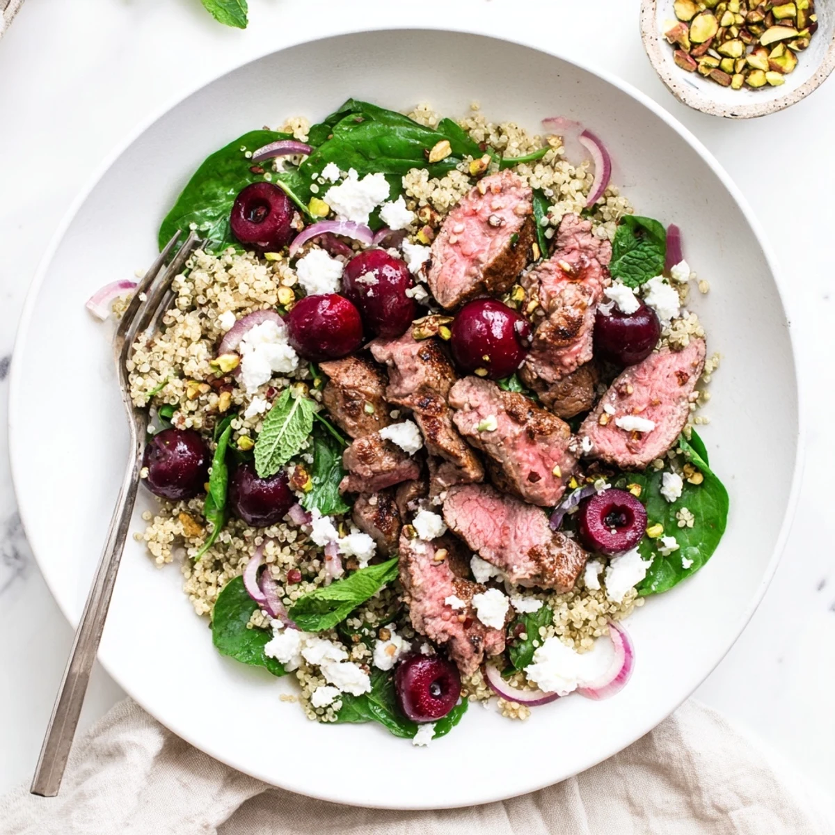 Mediterranean-inspired cherry quinoa salad featuring spiced tender lamb strips, juicy cherries, and creamy crumbled feta