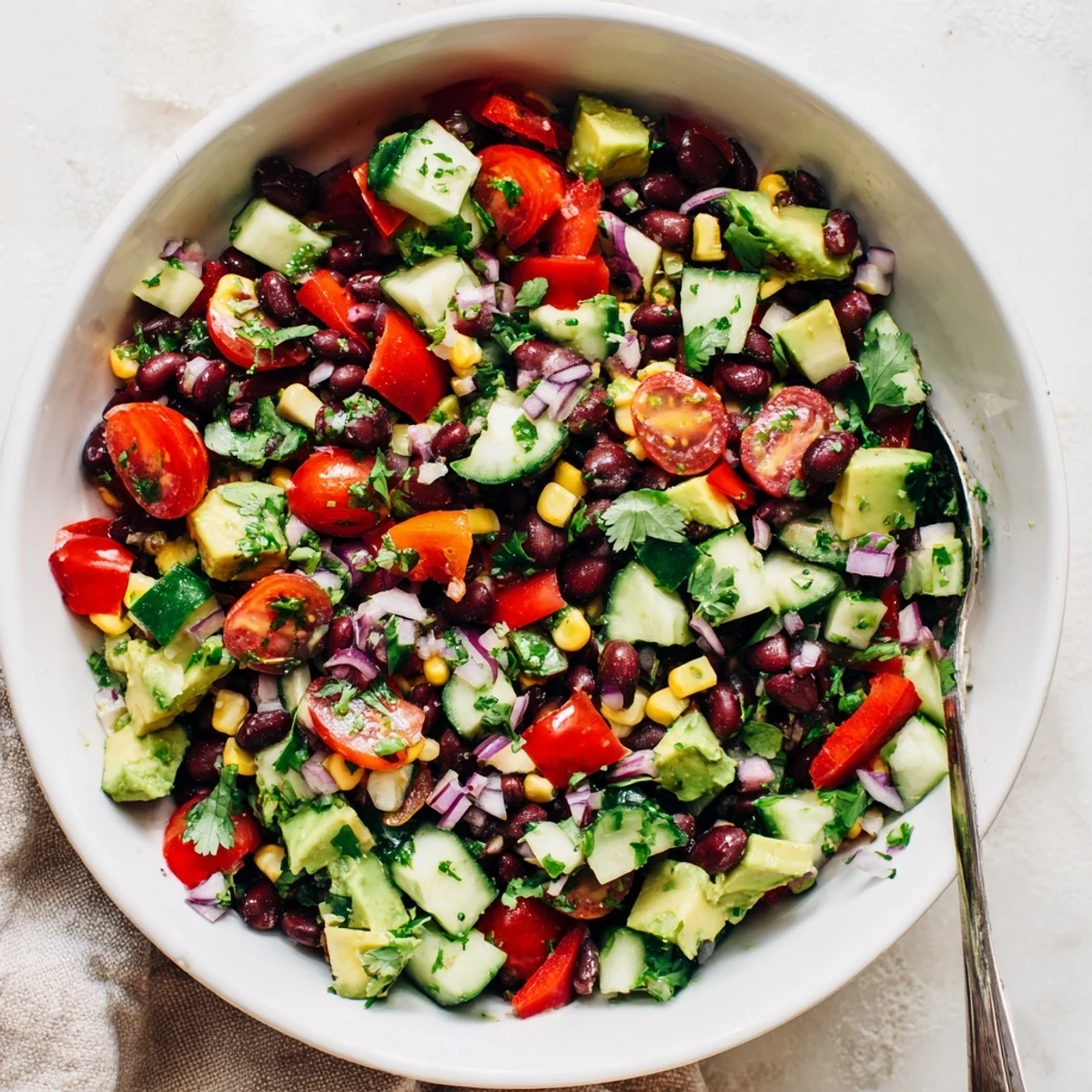 Fresh chopped black bean salad featuring crisp corn peppers tomatoes and zesty lime dressing