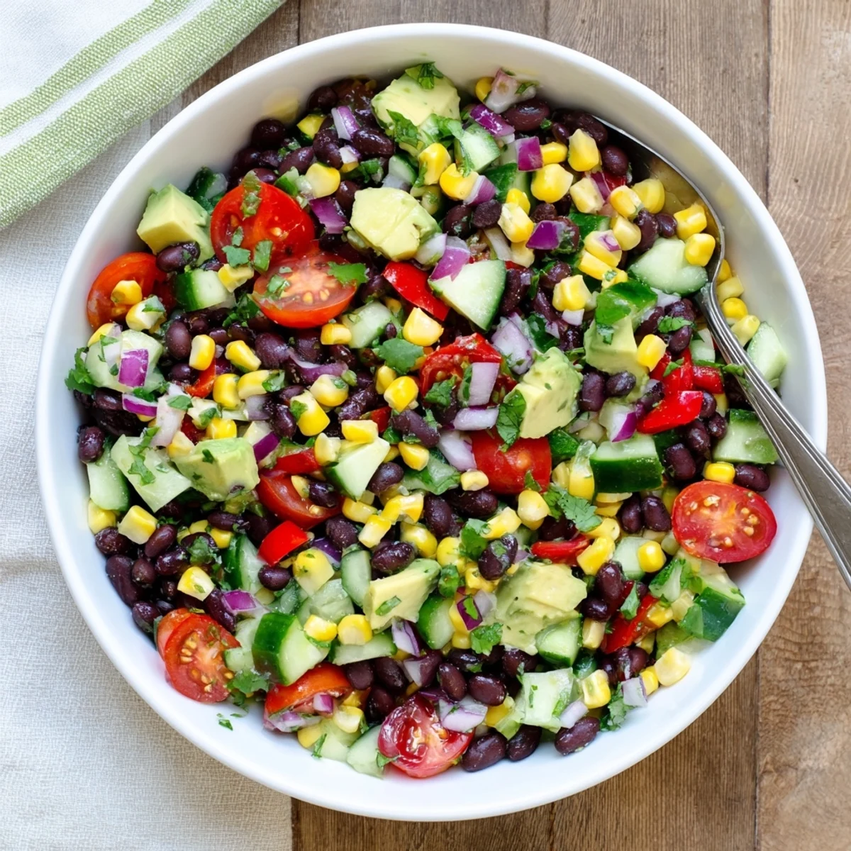 Vibrant chopped black bean salad plated with ripe avocado and cilantro garnish
