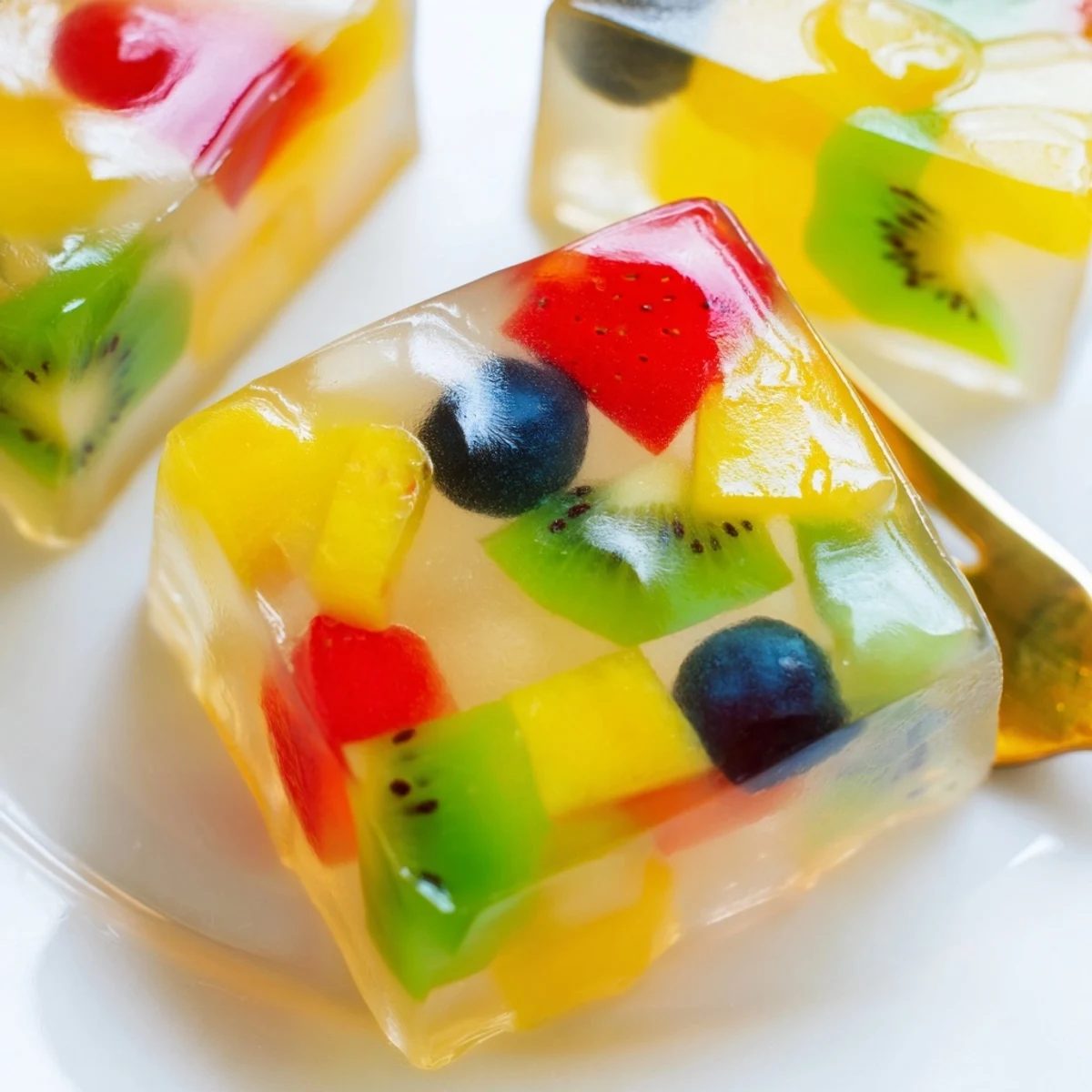 Vegan agar agar fruit jelly arranged in a glass dish with vibrant fresh fruit pieces ready for chilling and serving
