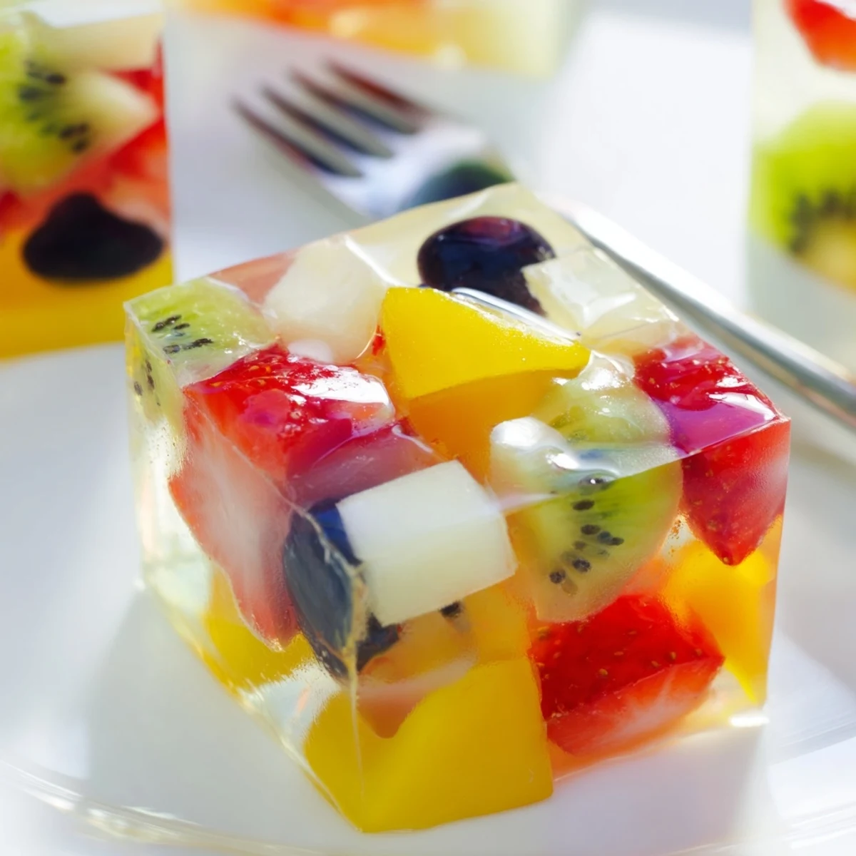 Glossy cubes of agar agar fruit jelly featuring colorful strawberries, kiwi, mango, and pineapple suspended in clear, wobbly perfection