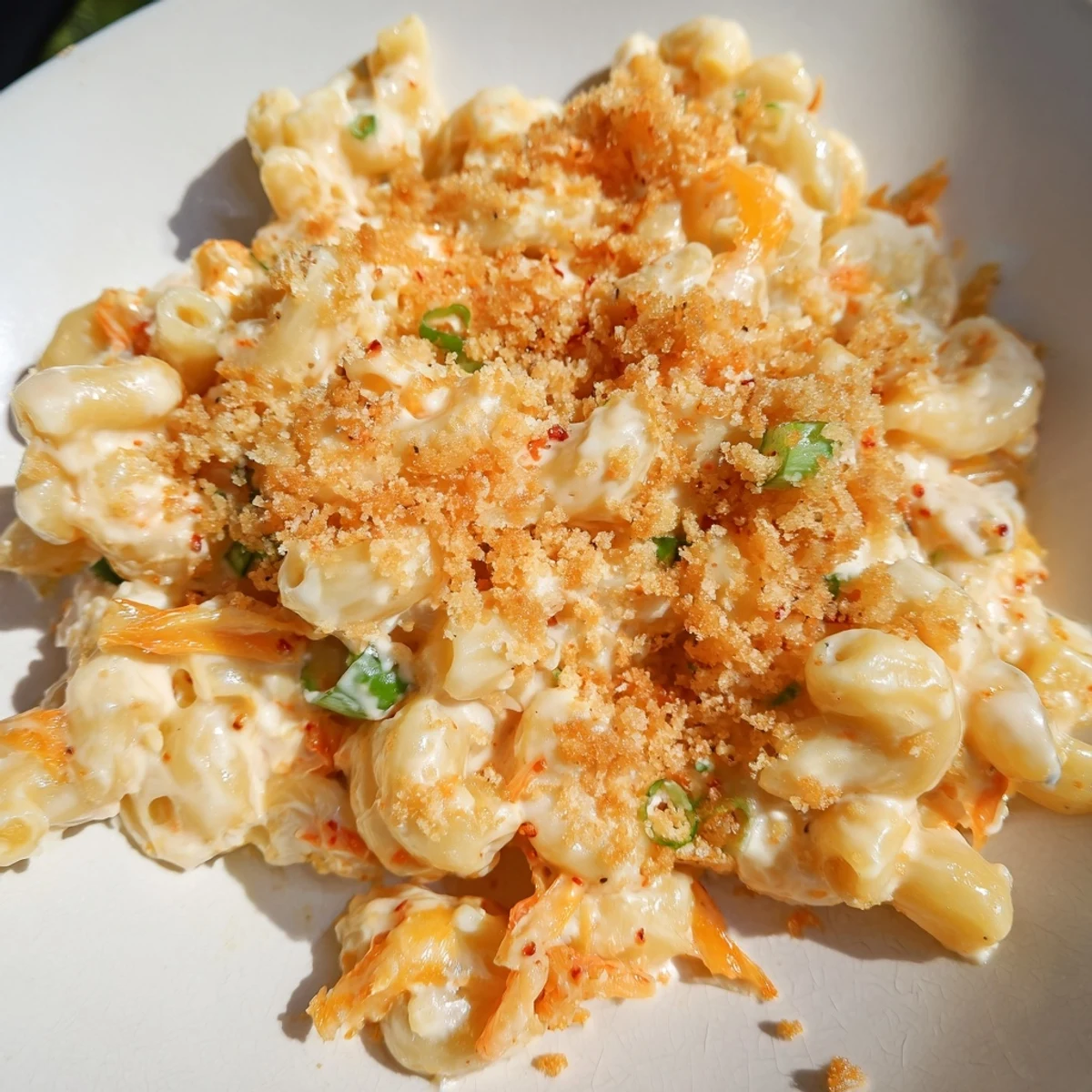Creamy kimchi mac and cheese with golden crispy panko topping baked until bubbling