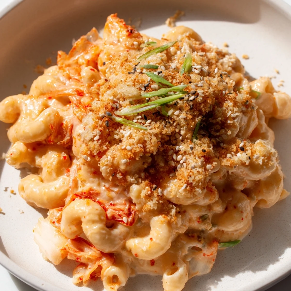 Spicy Korean kimchi mac and cheese served piping hot with melted cheddar and mozzarella