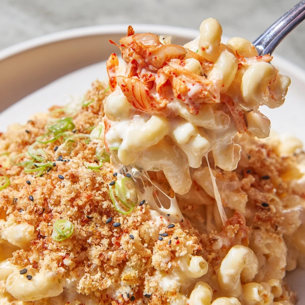 Homemade kimchi mac and cheese casserole featuring tangy fermented cabbage and rich cheese sauce