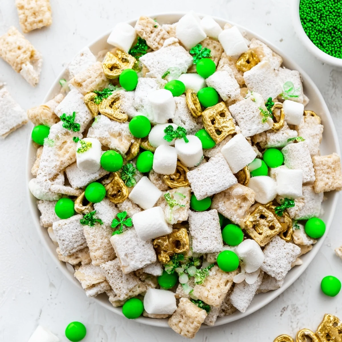 St. Patricks Day Lucky Chow featuring white chocolate coated cereal tossed with green candies and gold coins