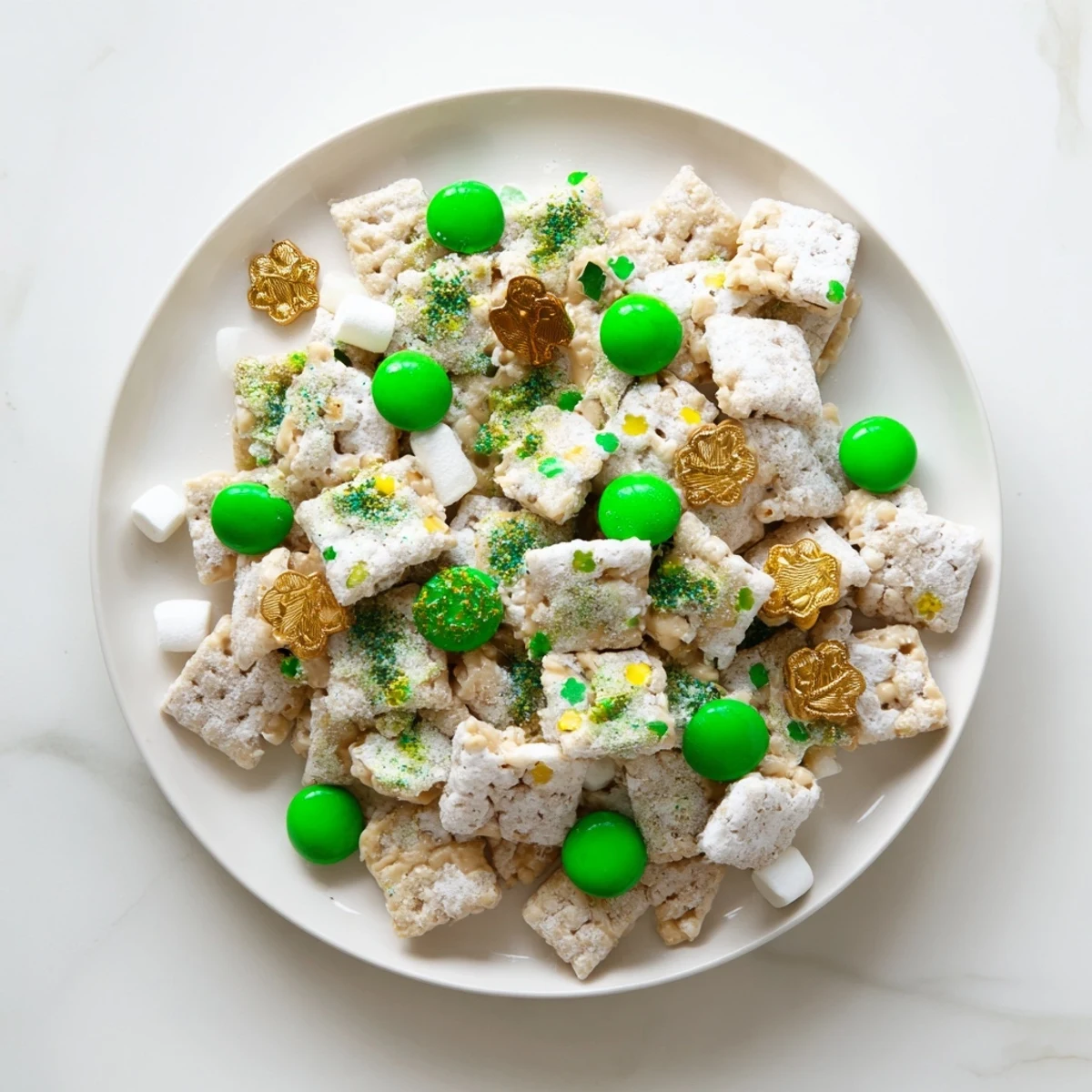 Festive St. Patricks Day Lucky Chow snack mix with colorful marshmallows and powdered sugar coating