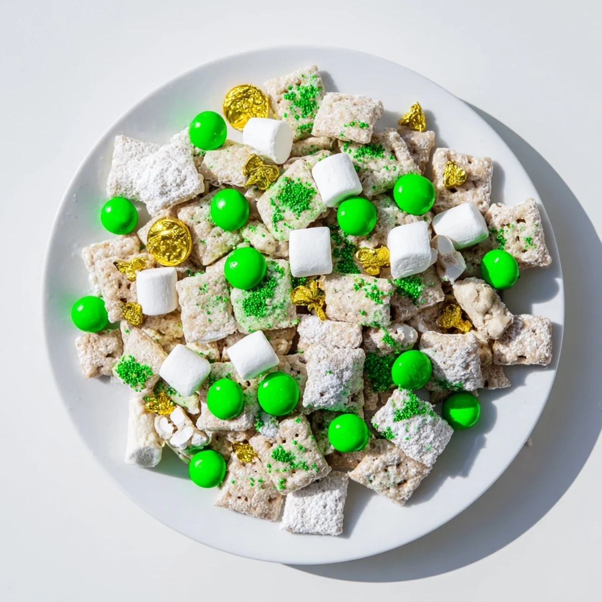 Irish-inspired St. Patricks Day Lucky Chow piled high with green sprinkles and candy chocolates