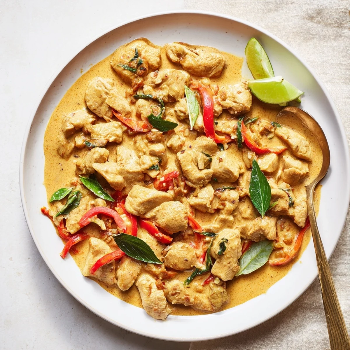 Creamy basil chicken in coconut curry sauce garnished with fresh green basil leaves and lime wedges on white plate