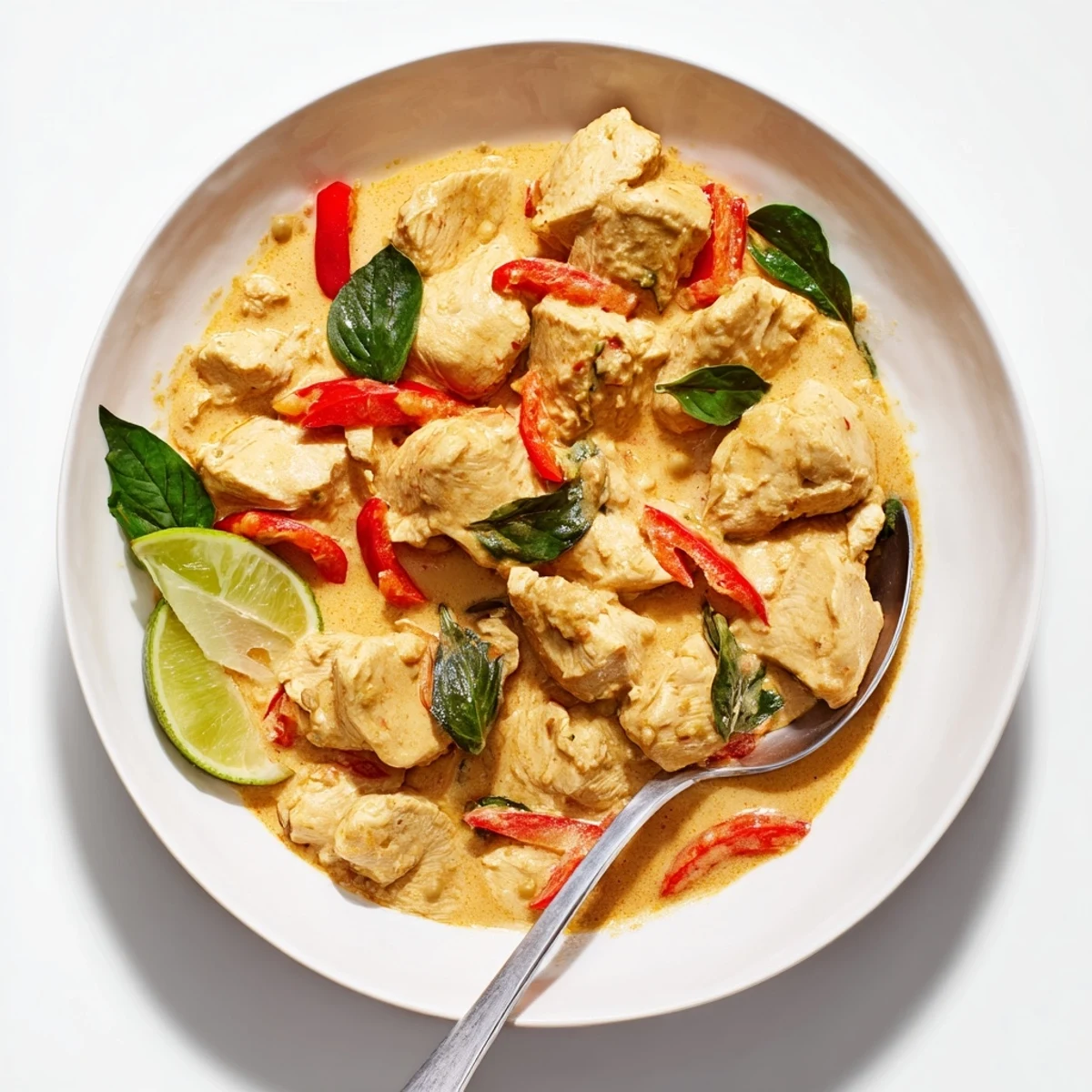 Golden chicken thighs simmered in rich coconut curry with vibrant Thai basil sprinkled over steaming white jasmine rice