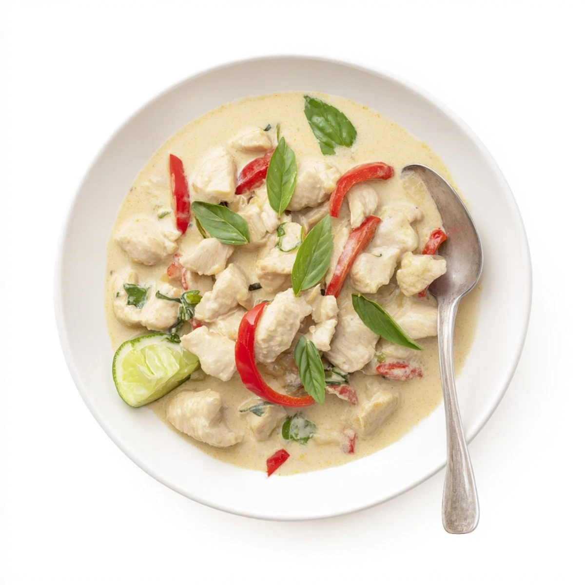 Tender chicken pieces swimming in fragrant red coconut curry sauce with sliced bell pepper and fresh basil