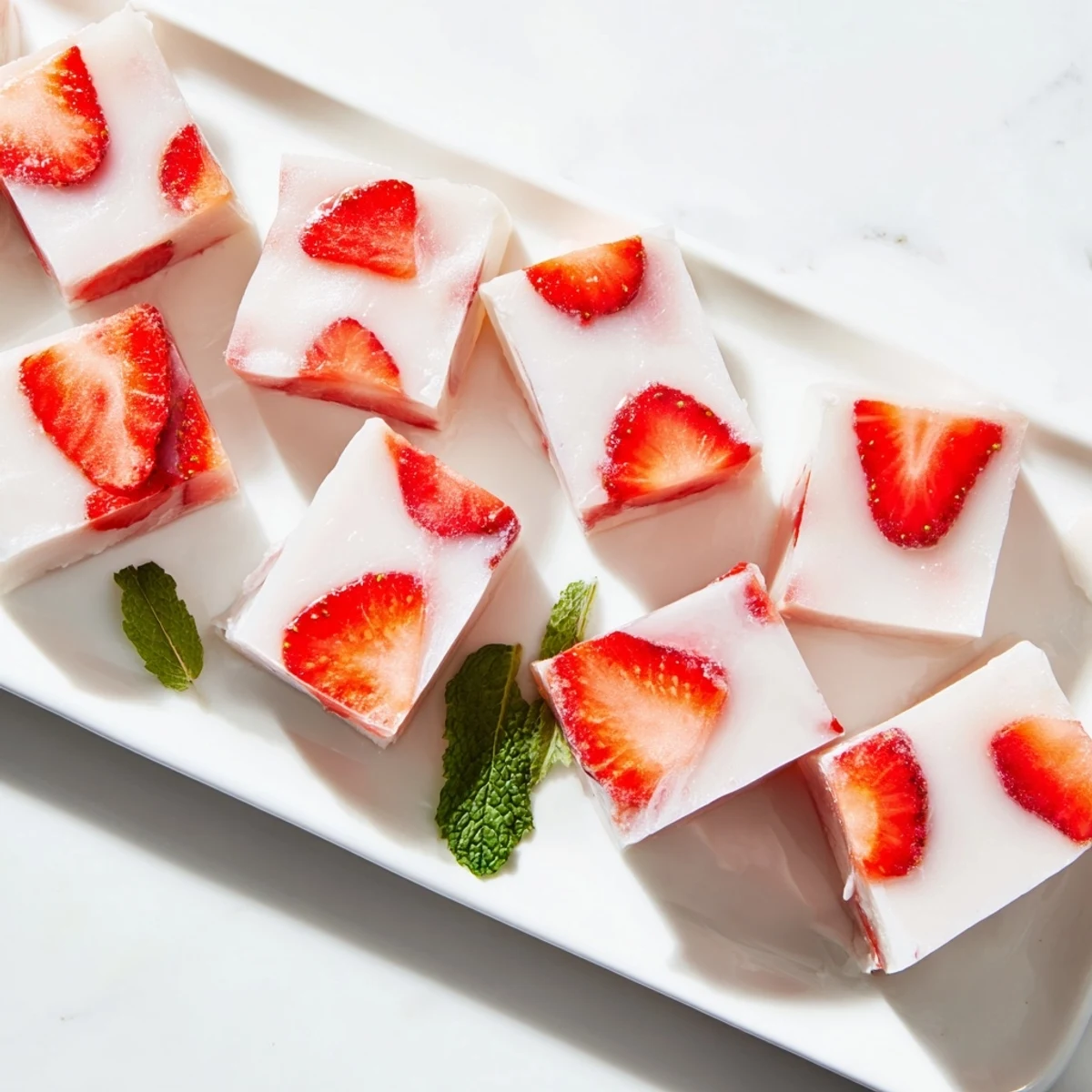 Creamy milk yokan dessert topped with fresh red strawberries on white plate