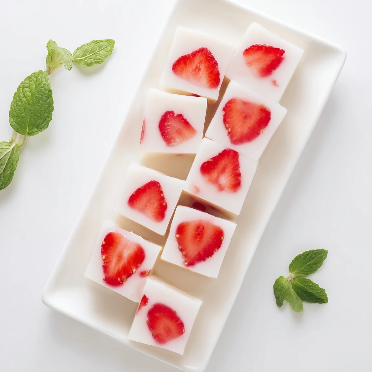 Japanese strawberries and milk yokan sliced into cubes garnished with mint leaves