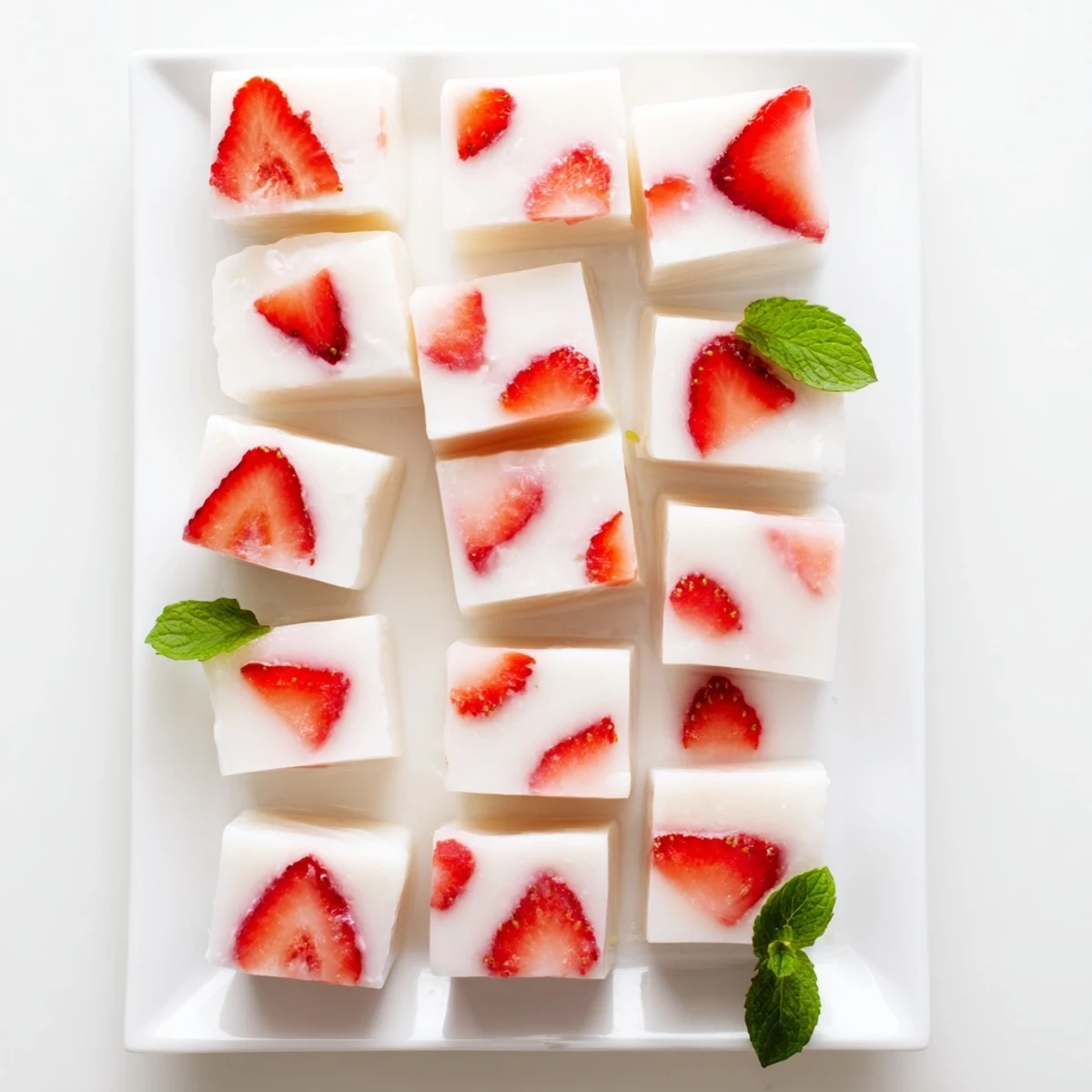Sweet milk yokan jelly with halved strawberries arranged in rectangular mold
