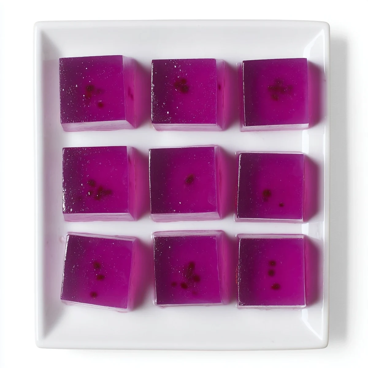 Fresh fruit juice jello cubes garnished with mint on a white plate for a healthy gut-friendly treat