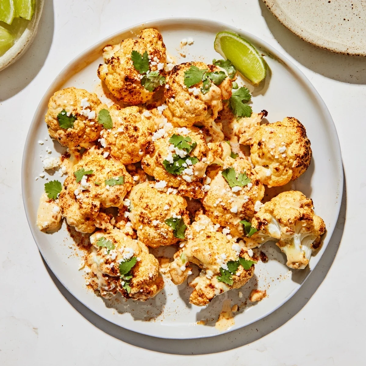 Golden roasted cauliflower elote coated in creamy lime sauce topped with crumbly white cotija cheese and fresh green cilantro