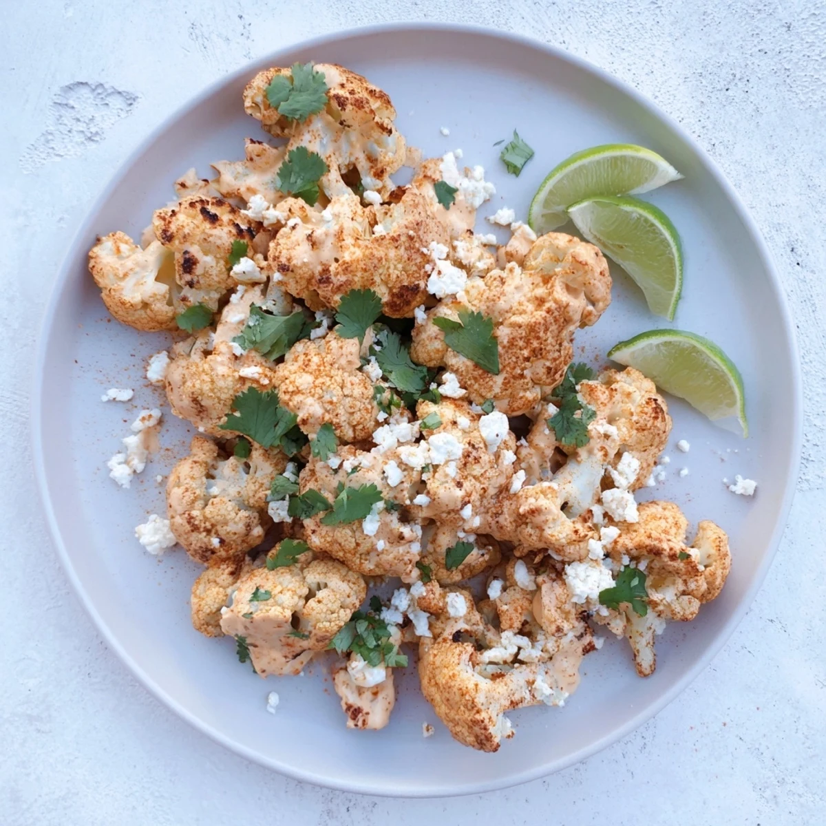 Roasted cauliflower florets tossed in spicy smoky elote sauce finished with salty cotija crumbles and zesty lime wedges