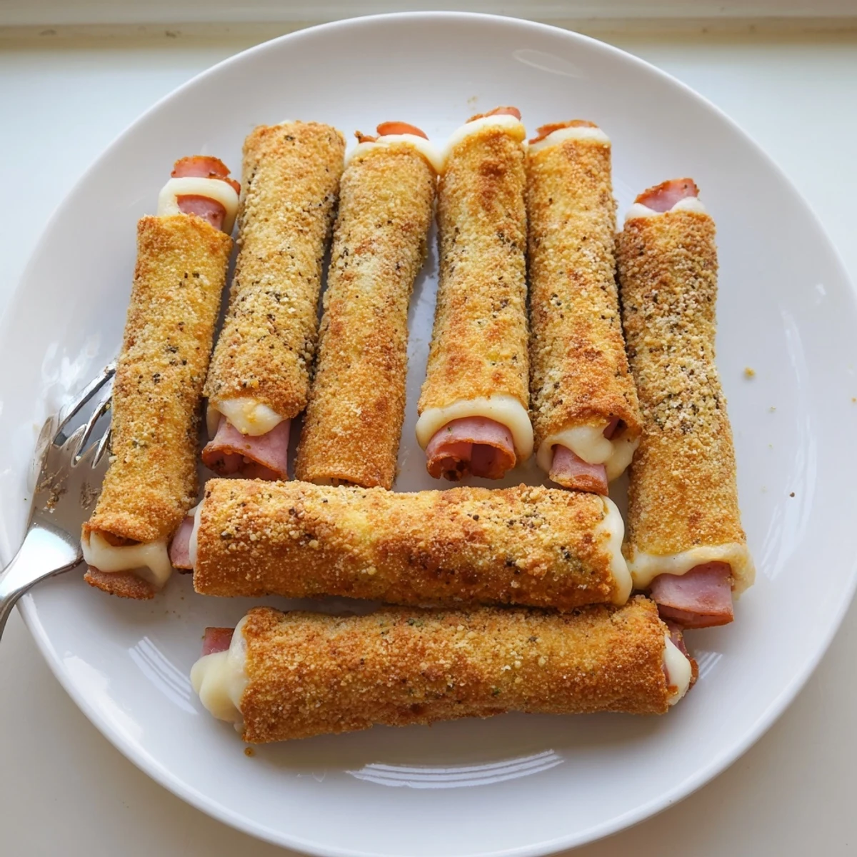 Golden brown ham and cheese sticks with melted mozzarella on white serving plate