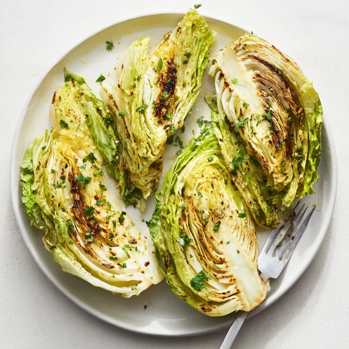Oven-baked cabbage wedges seasoned with paprika and garlic on a baking sheet