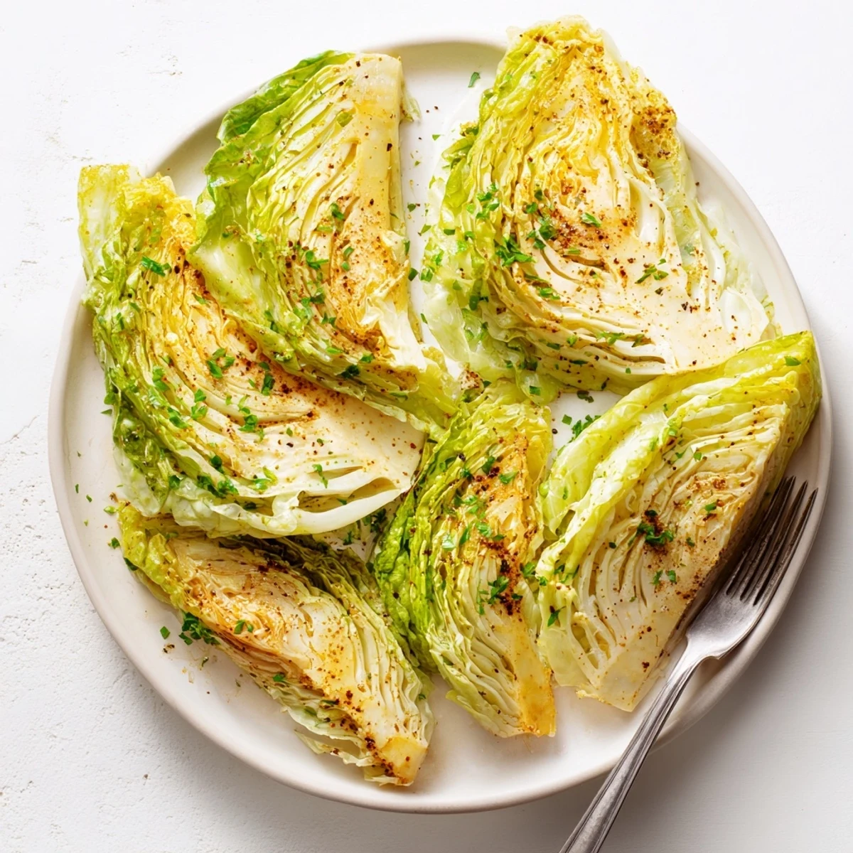 Perfectly roasted cabbage wedges garnished with fresh parsley and lemon juice
