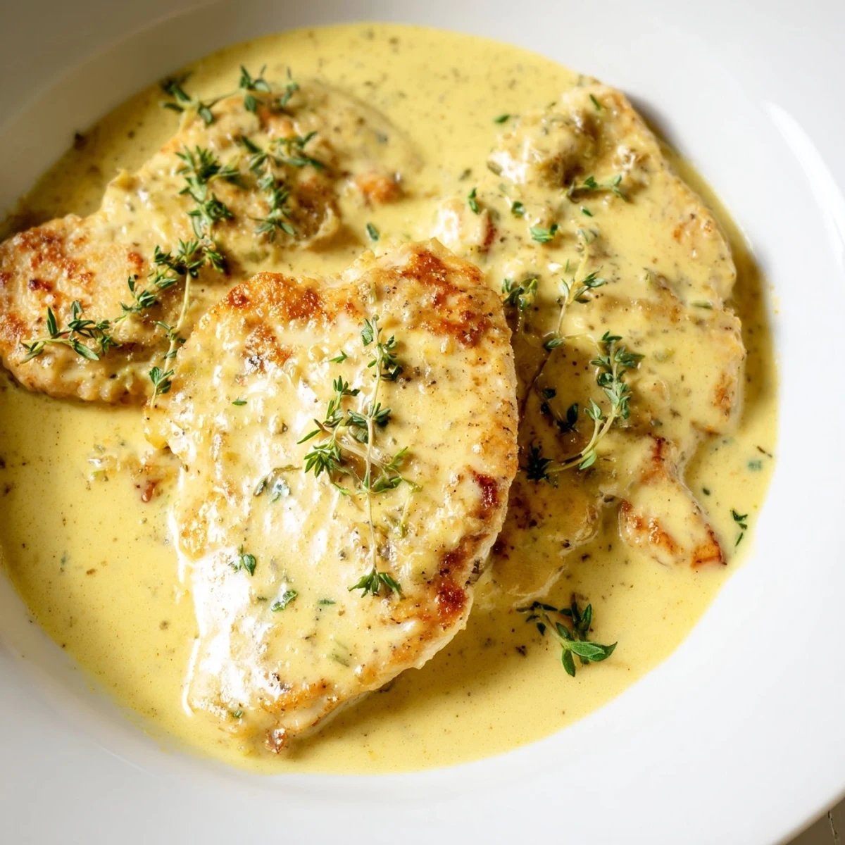 Golden pan-seared chicken breasts smothered in a rich creamy Dijon mustard sauce with fresh parsley garnish