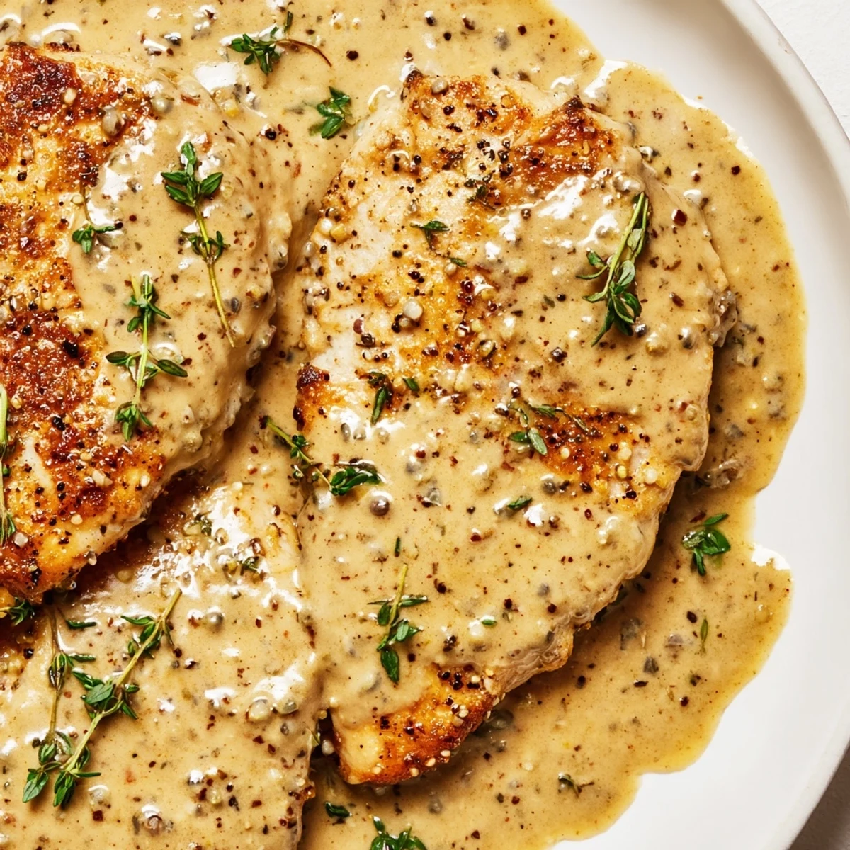 Tender French mustard chicken plated with luscious golden sauce and sprinkled with chopped fresh herbs