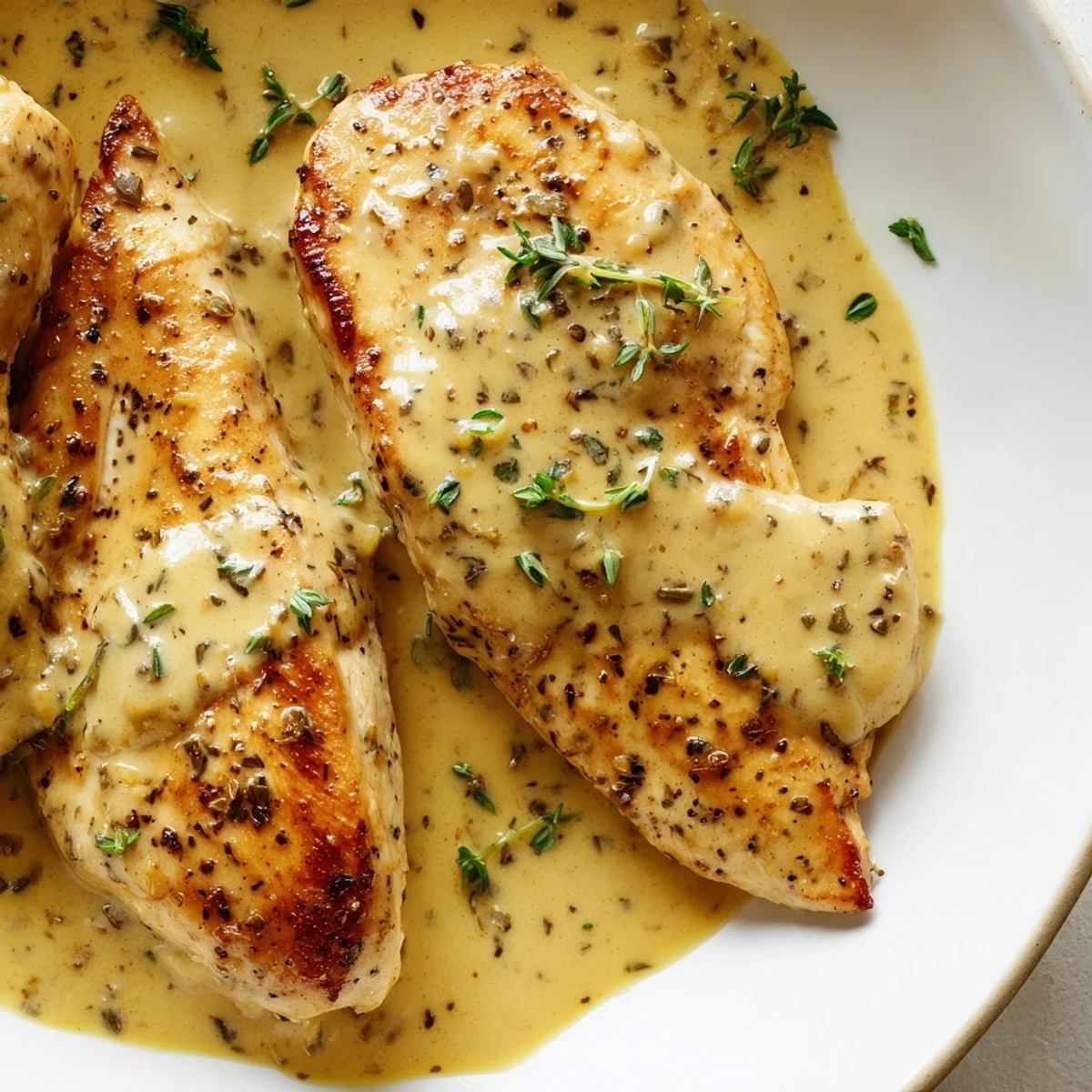 Savory chicken simmering in a velvety white wine and mustard sauce finished with cream and thyme