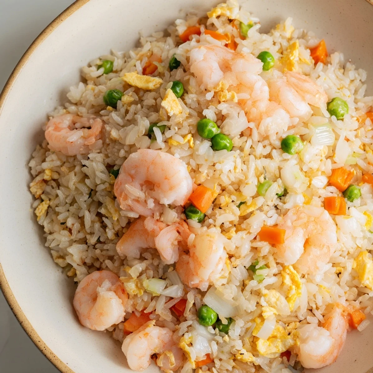 Steaming bowl of authentic shrimp fried rice topped with fresh green onions and scrambled egg